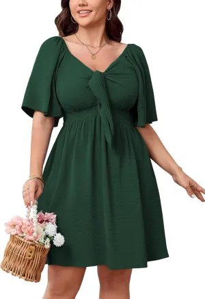 SCOMCHIC Womens Plus Size Summer Dresses Short Sleeve Bow Tie Deep V Neck Elegant Smocked Flowy A Line Mini Dress