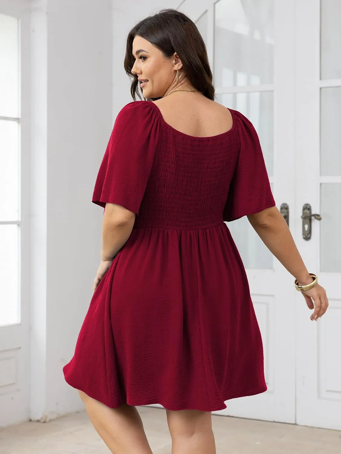 SCOMCHIC Womens Plus Size Summer Dresses Short Sleeve Bow Tie Deep V Neck Elegant Smocked Flowy A Line Mini Dress