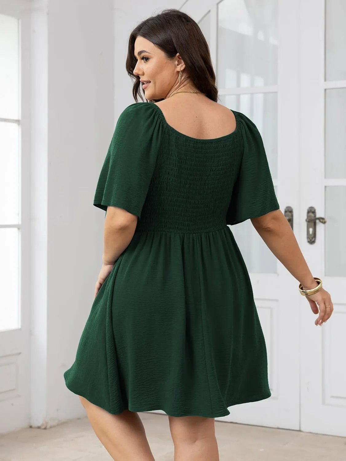SCOMCHIC Womens Plus Size Summer Dresses Short Sleeve Bow Tie Deep V Neck Elegant Smocked Flowy A Line Mini Dress