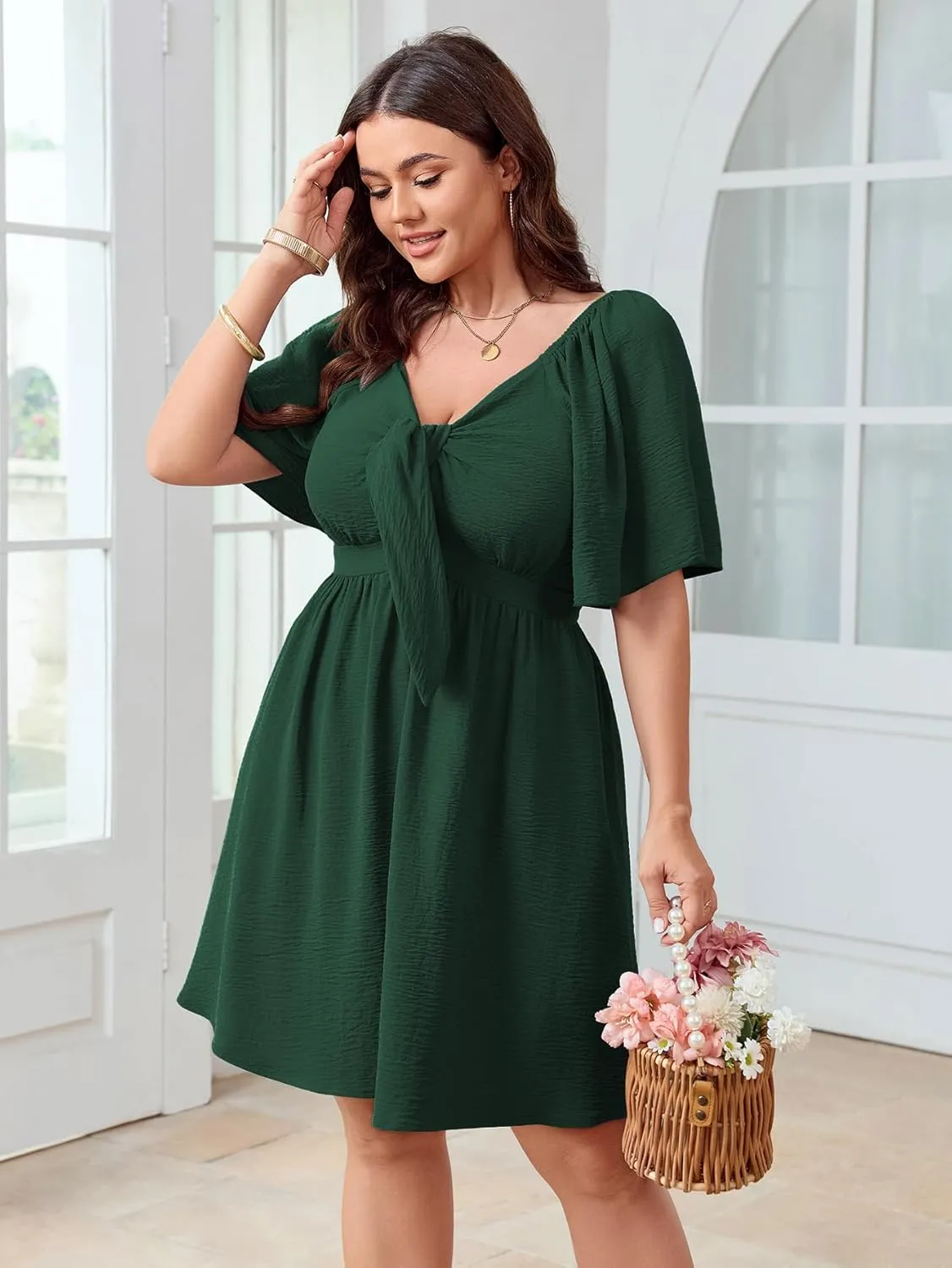 SCOMCHIC Womens Plus Size Summer Dresses Short Sleeve Bow Tie Deep V Neck Elegant Smocked Flowy A Line Mini Dress