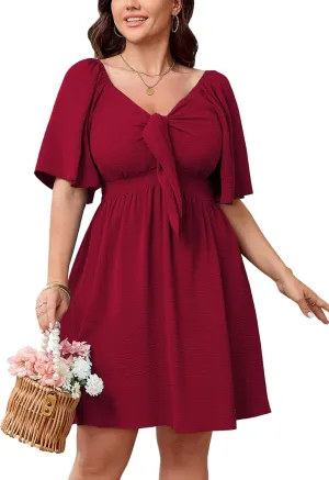 SCOMCHIC Womens Plus Size Summer Dresses Short Sleeve Bow Tie Deep V Neck Elegant Smocked Flowy A Line Mini Dress