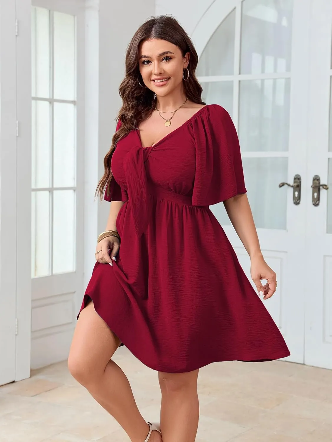 SCOMCHIC Womens Plus Size Summer Dresses Short Sleeve Bow Tie Deep V Neck Elegant Smocked Flowy A Line Mini Dress