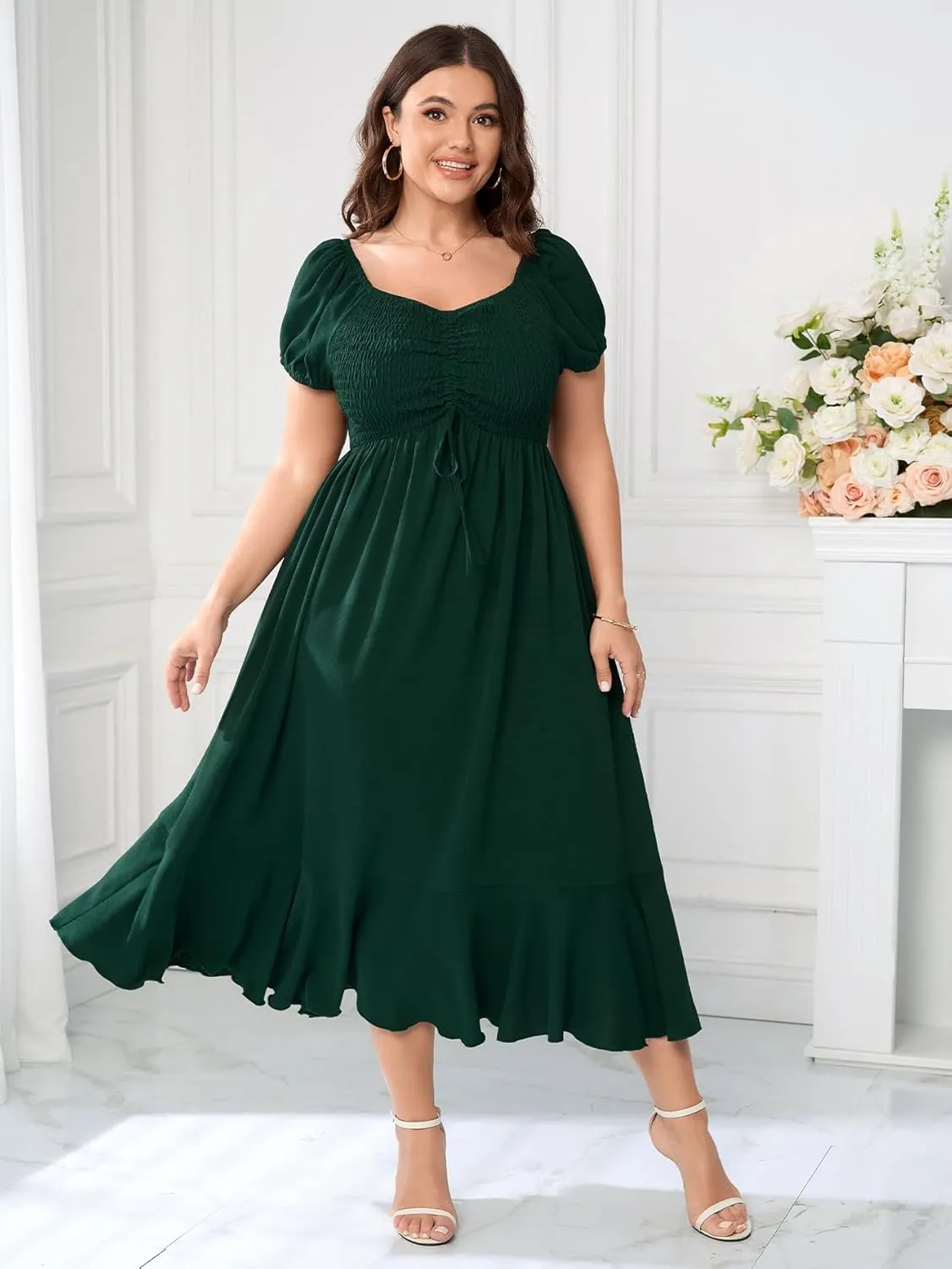 SCOMCHIC Womens Plus Size Summer Maxi Dress Ruched Front Square Neck Smocked Flowy A Line Formal Wedding Guest Dresses