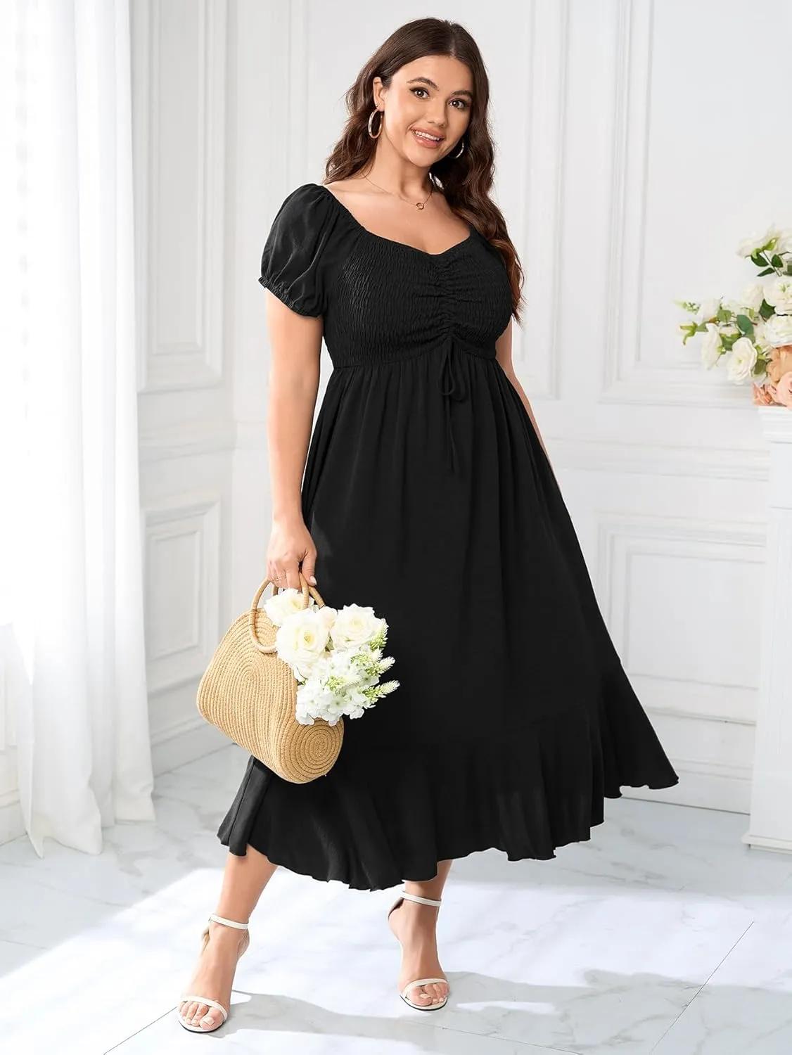 SCOMCHIC Womens Plus Size Summer Maxi Dress Ruched Front Square Neck Smocked Flowy A Line Formal Wedding Guest Dresses