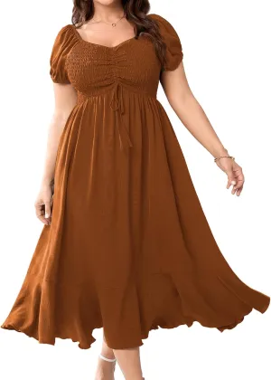 SCOMCHIC Womens Plus Size Summer Maxi Dress Ruched Front Square Neck Smocked Flowy A Line Formal Wedding Guest Dresses