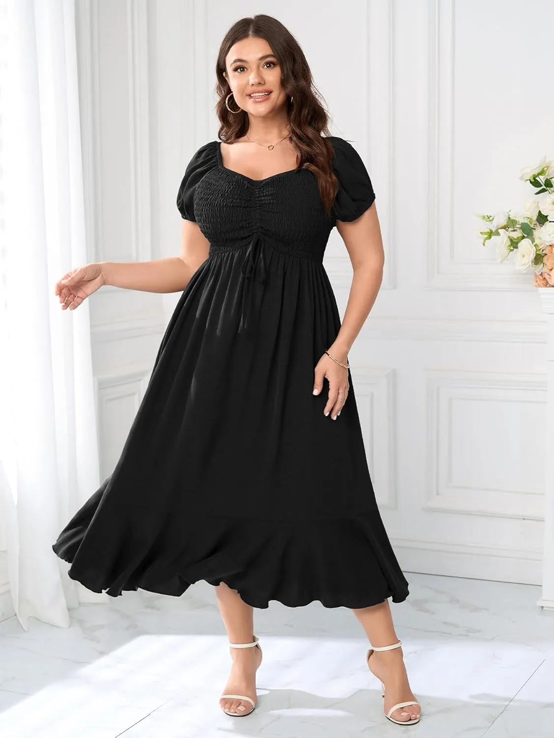 SCOMCHIC Womens Plus Size Summer Maxi Dress Ruched Front Square Neck Smocked Flowy A Line Formal Wedding Guest Dresses