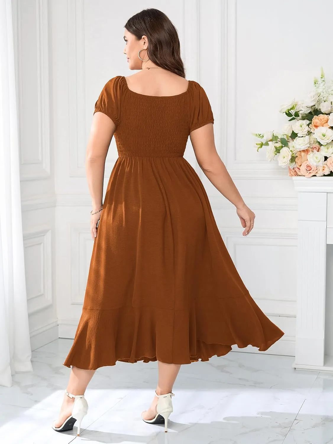 SCOMCHIC Womens Plus Size Summer Maxi Dress Ruched Front Square Neck Smocked Flowy A Line Formal Wedding Guest Dresses