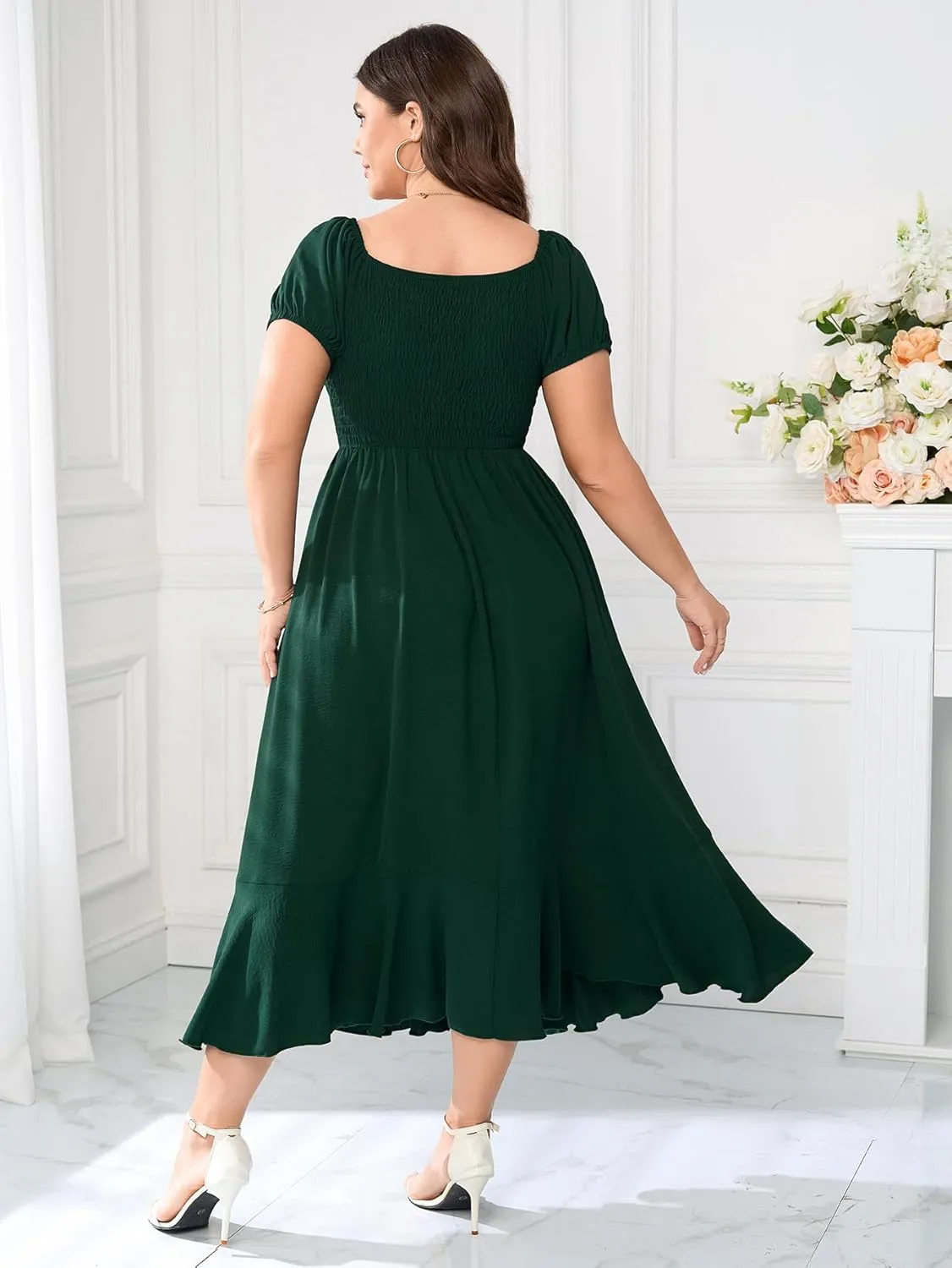 SCOMCHIC Womens Plus Size Summer Maxi Dress Ruched Front Square Neck Smocked Flowy A Line Formal Wedding Guest Dresses