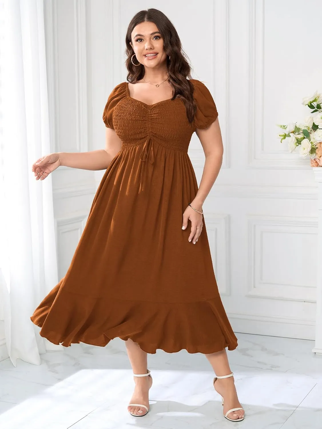 SCOMCHIC Womens Plus Size Summer Maxi Dress Ruched Front Square Neck Smocked Flowy A Line Formal Wedding Guest Dresses