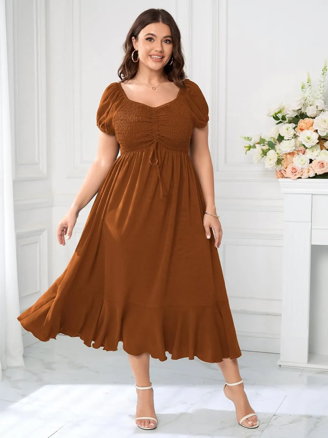 SCOMCHIC Womens Plus Size Summer Maxi Dress Ruched Front Square Neck Smocked Flowy A Line Formal Wedding Guest Dresses