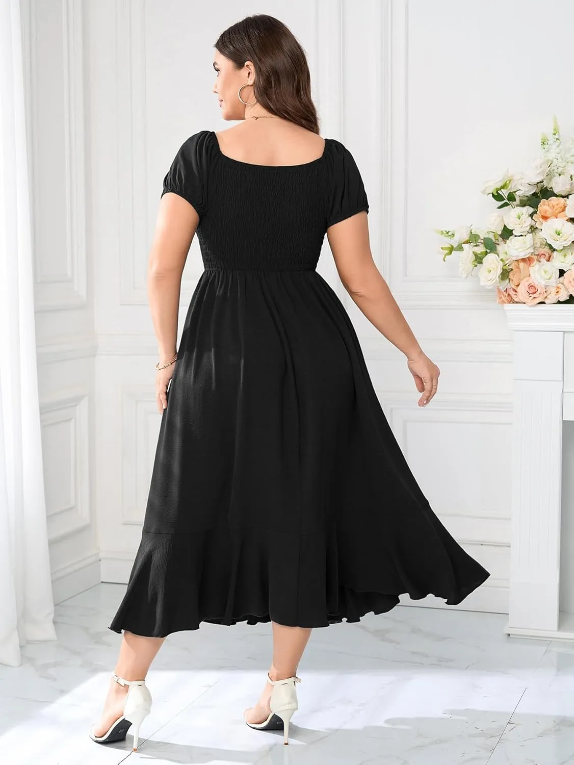 SCOMCHIC Womens Plus Size Summer Maxi Dress Ruched Front Square Neck Smocked Flowy A Line Formal Wedding Guest Dresses