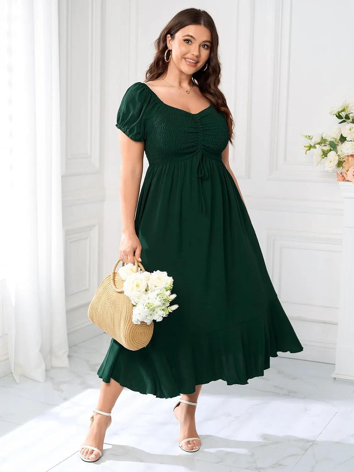 SCOMCHIC Womens Plus Size Summer Maxi Dress Ruched Front Square Neck Smocked Flowy A Line Formal Wedding Guest Dresses