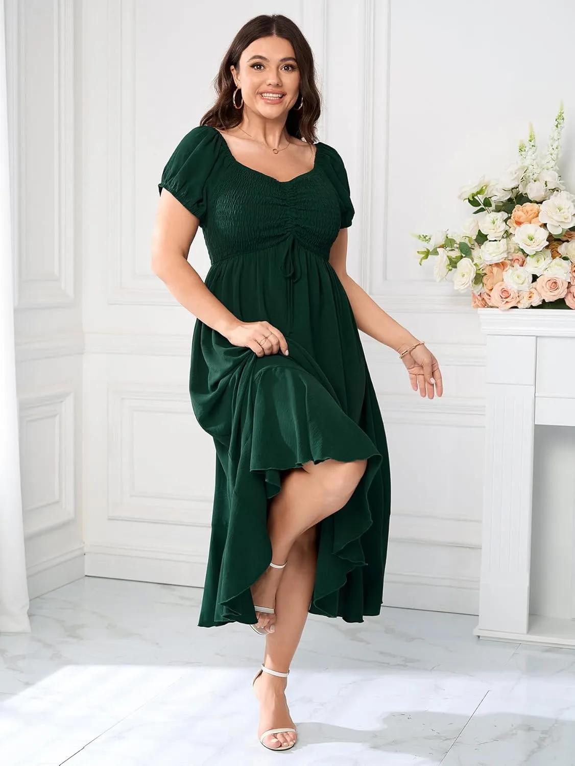 SCOMCHIC Womens Plus Size Summer Maxi Dress Ruched Front Square Neck Smocked Flowy A Line Formal Wedding Guest Dresses
