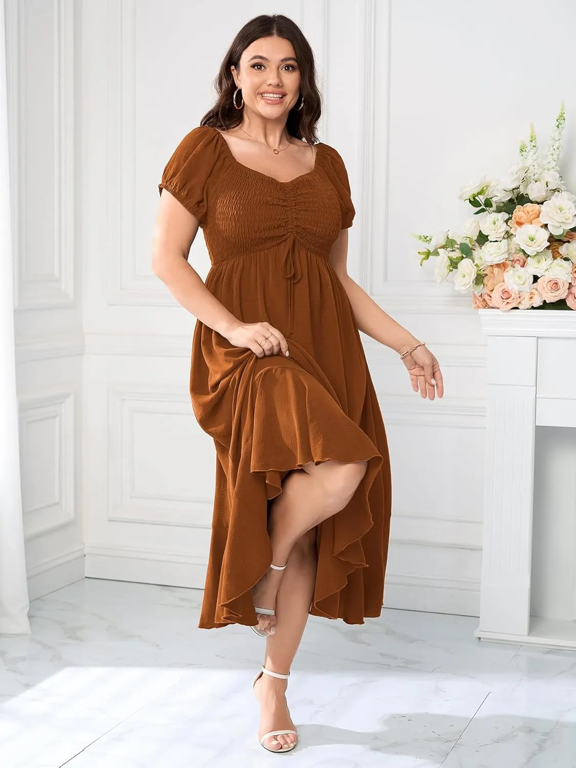 SCOMCHIC Womens Plus Size Summer Maxi Dress Ruched Front Square Neck Smocked Flowy A Line Formal Wedding Guest Dresses