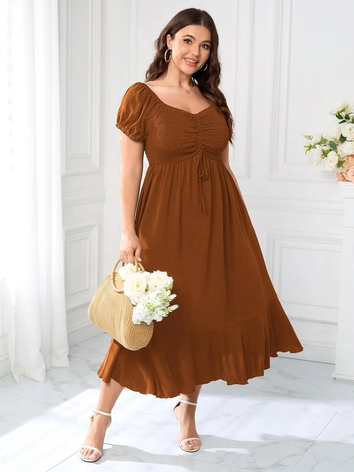 SCOMCHIC Womens Plus Size Summer Maxi Dress Ruched Front Square Neck Smocked Flowy A Line Formal Wedding Guest Dresses