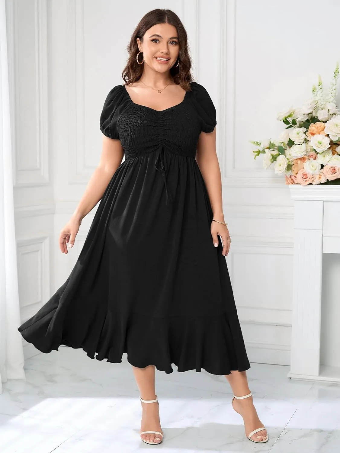 SCOMCHIC Womens Plus Size Summer Maxi Dress Ruched Front Square Neck Smocked Flowy A Line Formal Wedding Guest Dresses