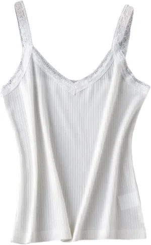Silk Lace Trim V-Neck Camisole,Stretchy Breathable Cami Top, Lightweight Summer Layering Piece,M-XL Sizes