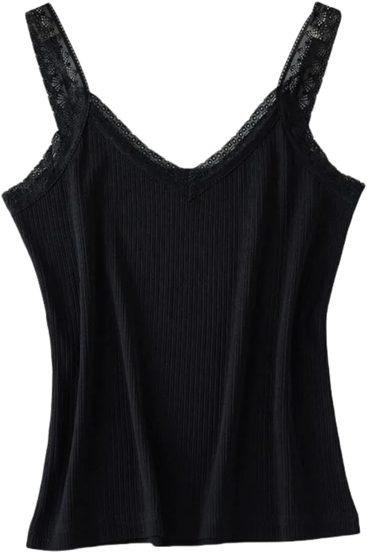 Silk Lace Trim V-Neck Camisole,Stretchy Breathable Cami Top, Lightweight Summer Layering Piece,M-XL Sizes