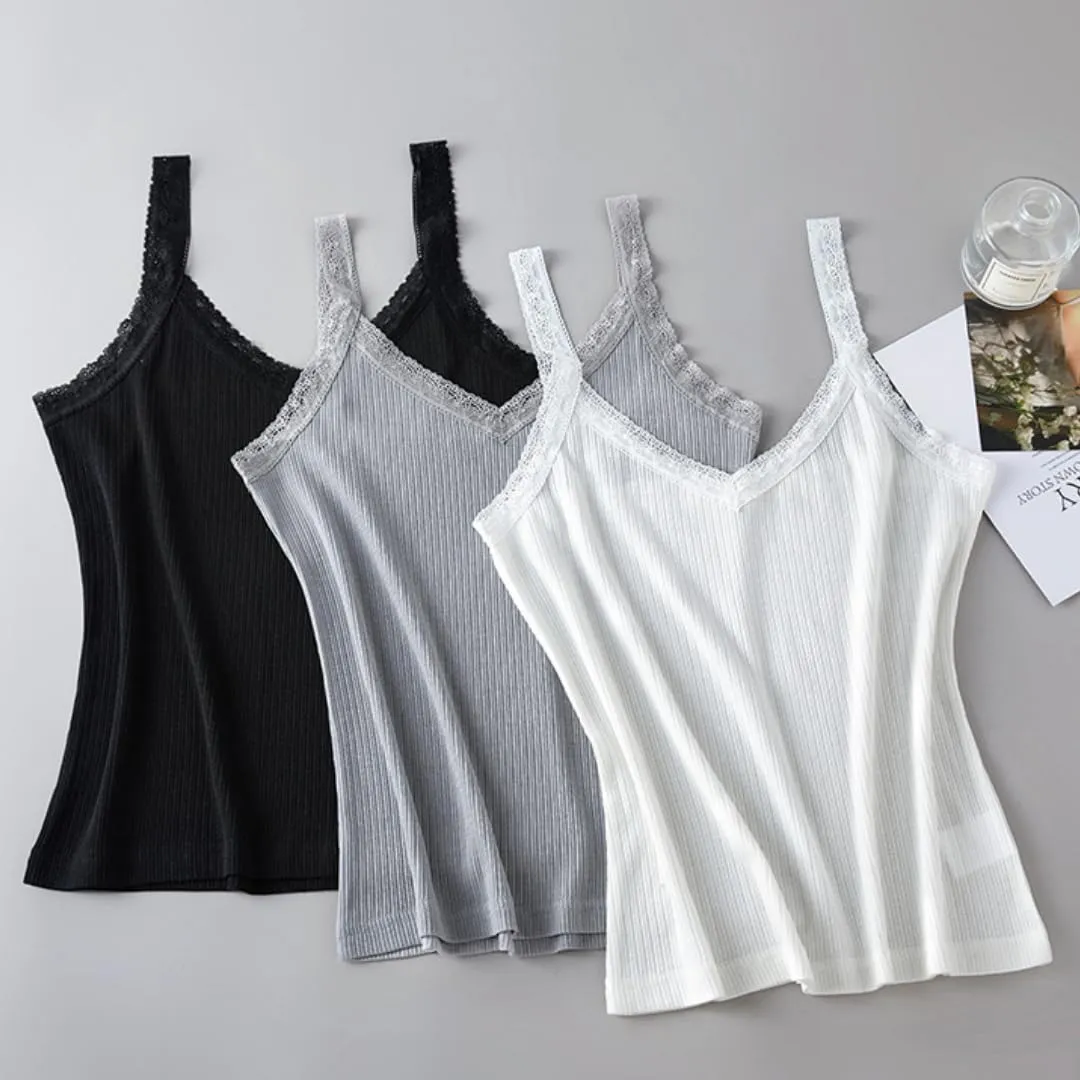 Silk Lace Trim V-Neck Camisole,Stretchy Breathable Cami Top, Lightweight Summer Layering Piece,M-XL Sizes
