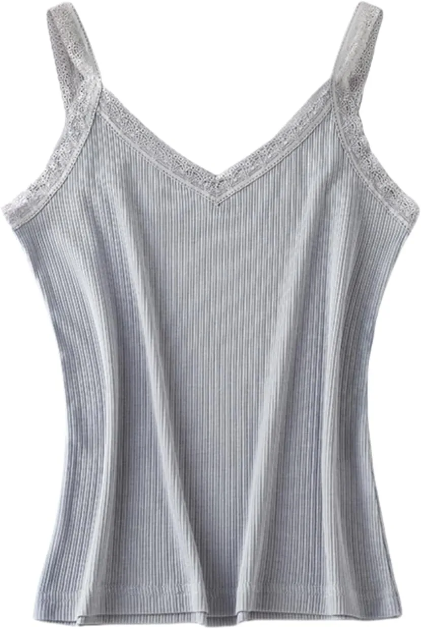 Silk Lace Trim V-Neck Camisole,Stretchy Breathable Cami Top, Lightweight Summer Layering Piece,M-XL Sizes