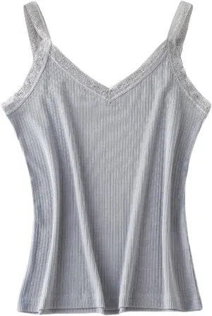 Silk Lace Trim V-Neck Camisole,Stretchy Breathable Cami Top, Lightweight Summer Layering Piece,M-XL Sizes