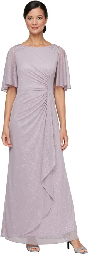 S.L. Fashions Women's Glitter Mesh Stretch Dress W/Shoulder Embellishment Formal Long Gown, (Petite and Regular Sizes)