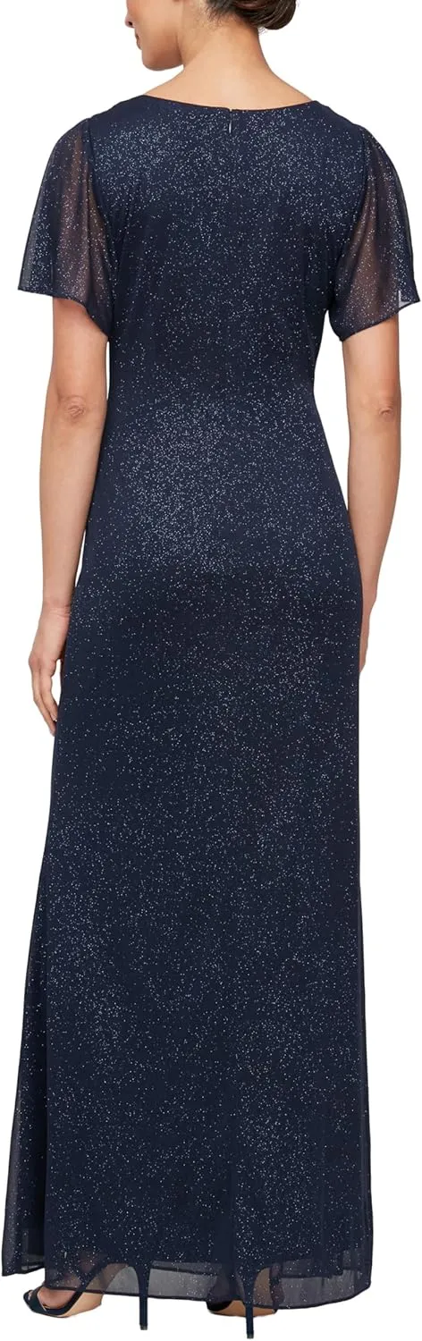 S.L. Fashions Women's Glitter Mesh Stretch Dress W/Shoulder Embellishment Formal Long Gown, (Petite and Regular Sizes)