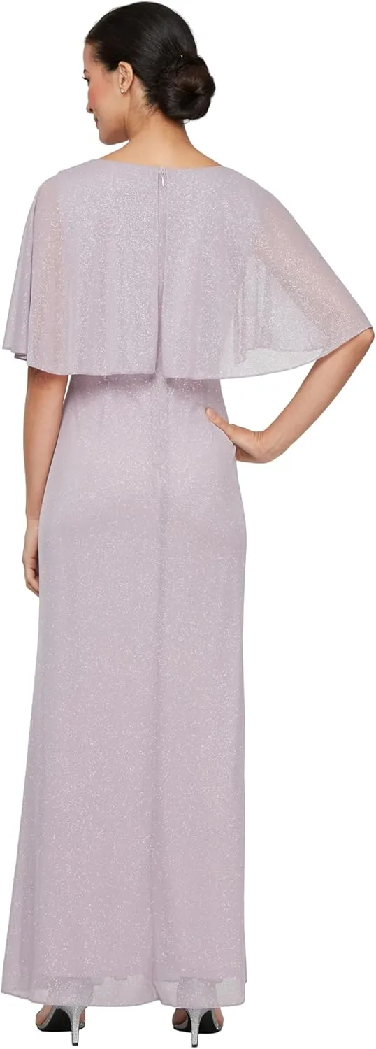 S.L. Fashions Women's Glitter Mesh Stretch Dress W/Shoulder Embellishment Formal Long Gown, (Petite and Regular Sizes)