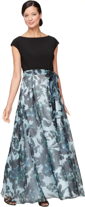 S.L. Fashions Women's Long Floral Print Sleeveless Special Occasion, Wedding Guest Dress W/Belt (Petite and Regular Sizes)