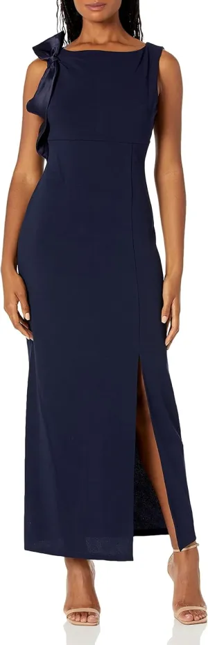 S.L. Fashions Women's Long Sleeveless Column Dress with Shoulder Detail and Front Slit (Petite and Regular Sizes)
