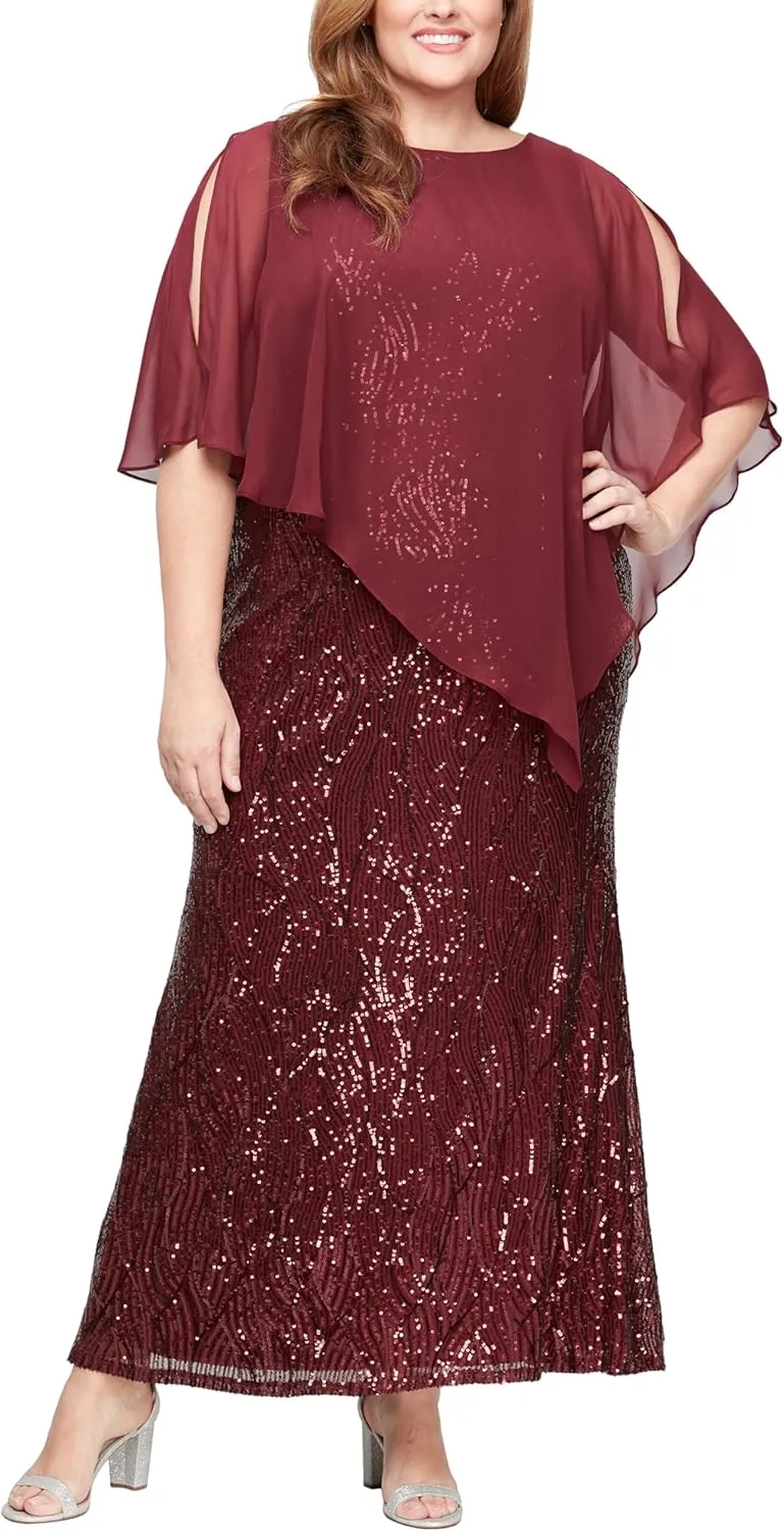 S.L. Fashions Women's Plus Size Long Length Sequin Lace Beaded Capelet Mother of The Bride Dress, Formal Evening Gown