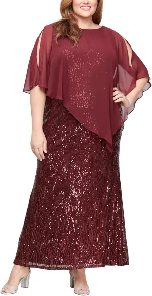 S.L. Fashions Women's Plus Size Long Length Sequin Lace Beaded Capelet Mother of The Bride Dress, Formal Evening Gown