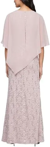 S.L. Fashions Women's Plus Size Long Length Sequin Lace Beaded Capelet Mother of The Bride Dress, Formal Evening Gown