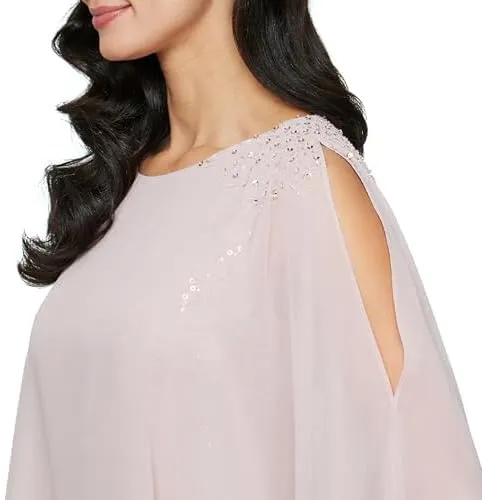 S.L. Fashions Women's Plus Size Long Length Sequin Lace Beaded Capelet Mother of The Bride Dress, Formal Evening Gown