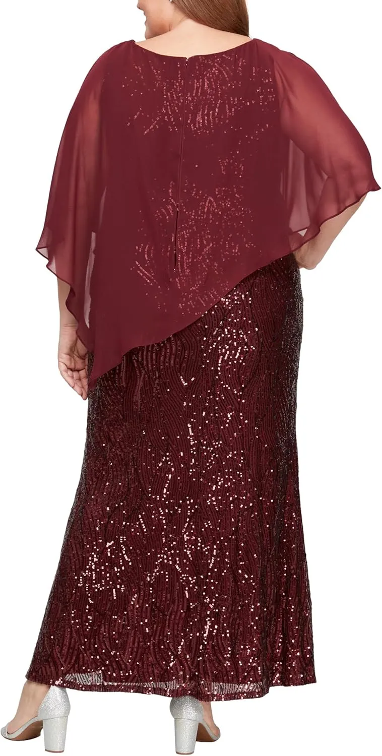 S.L. Fashions Women's Plus Size Long Length Sequin Lace Beaded Capelet Mother of The Bride Dress, Formal Evening Gown