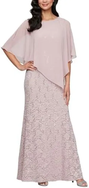 S.L. Fashions Women's Plus Size Long Length Sequin Lace Beaded Capelet Mother of The Bride Dress, Formal Evening Gown