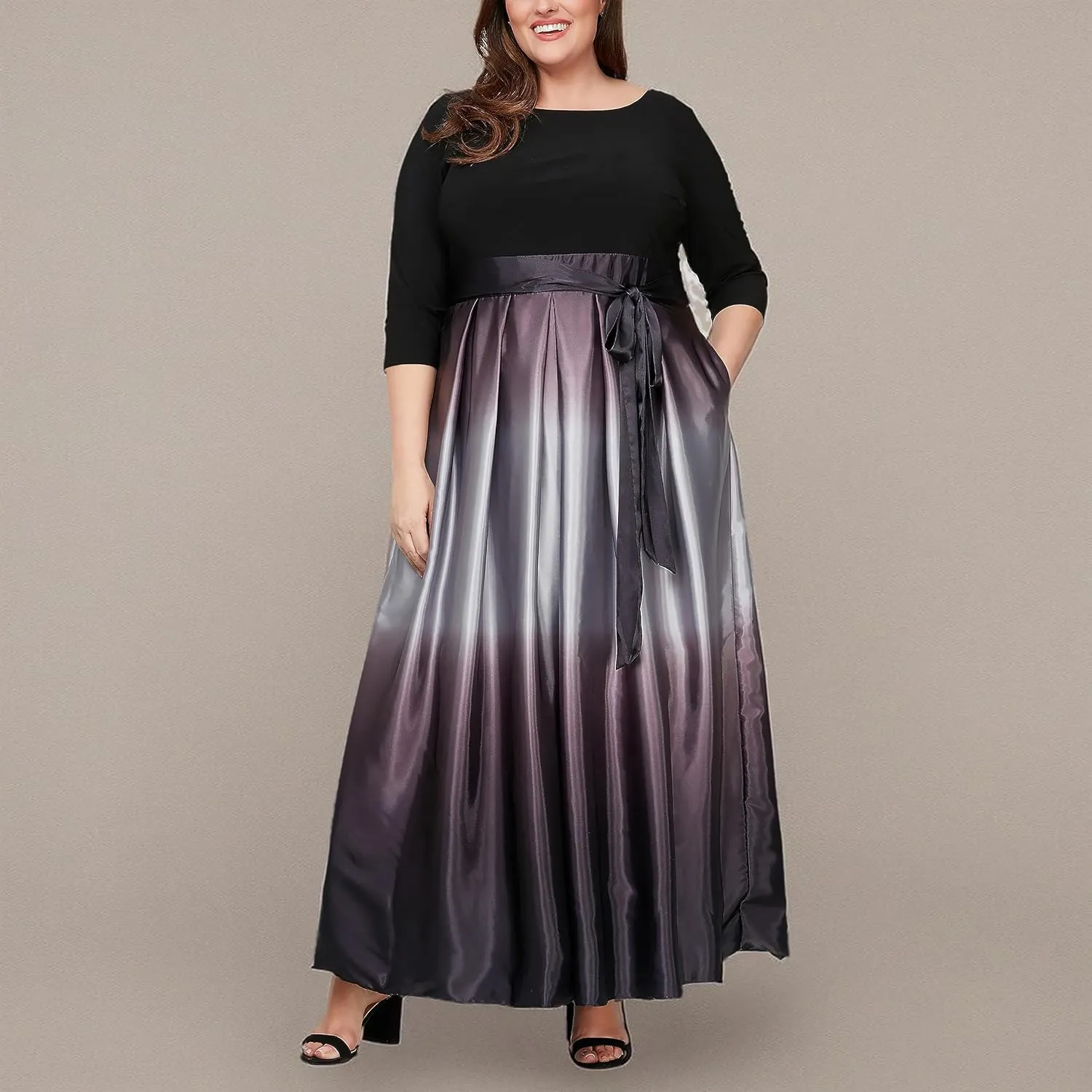 S.L. Fashions Women's Plus Size Sleeveless Long Satin Party Dress with Pockets