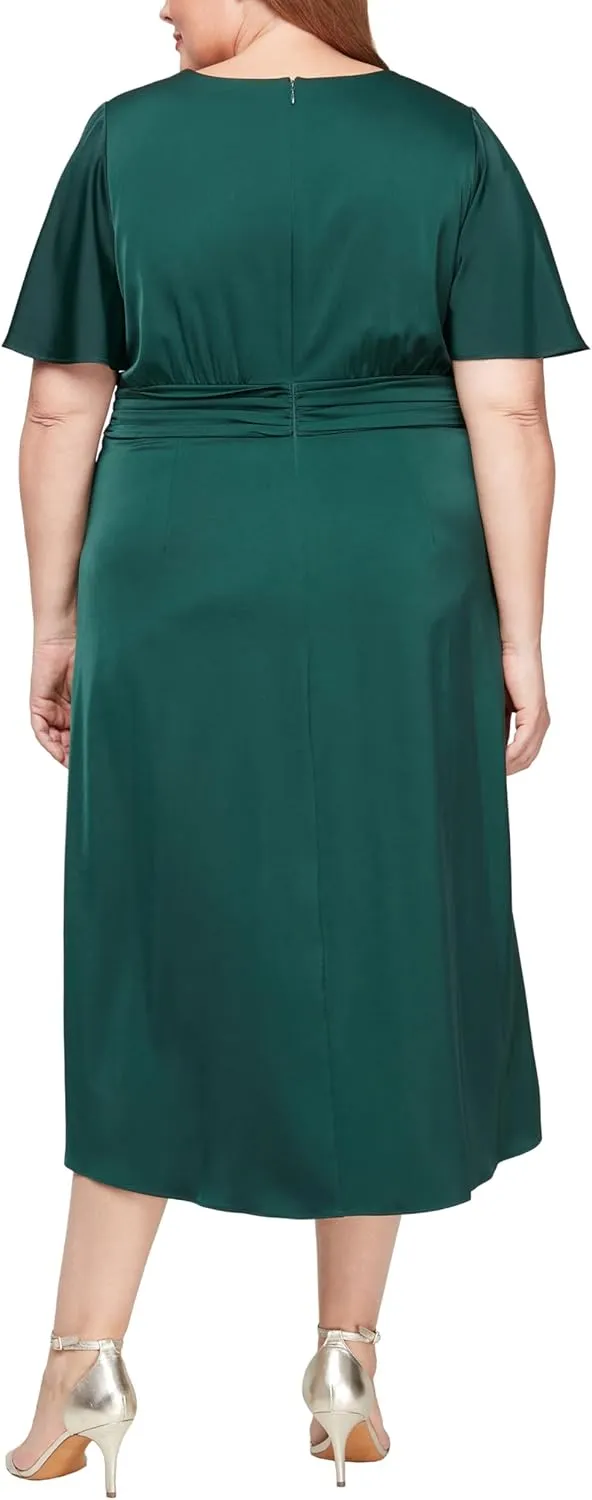 S.L. Fashions Women's Plus Size Surplice Neck Midi Wedding Guest Dress with Flutter Sleeves