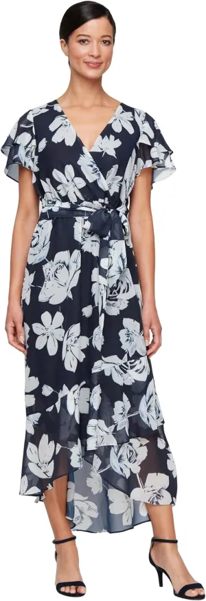 S.L. Fashions Women's Short Sleeve Casual Dress, Wedding Guest Gown with Surplice Neck, High-Low Hem and Tie Belt