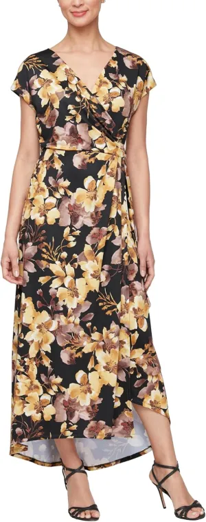 S.L. Fashions Women's Short Sleeve Casual Dress, Wedding Guest Gown with Surplice Neck, High-Low Hem and Tie Belt