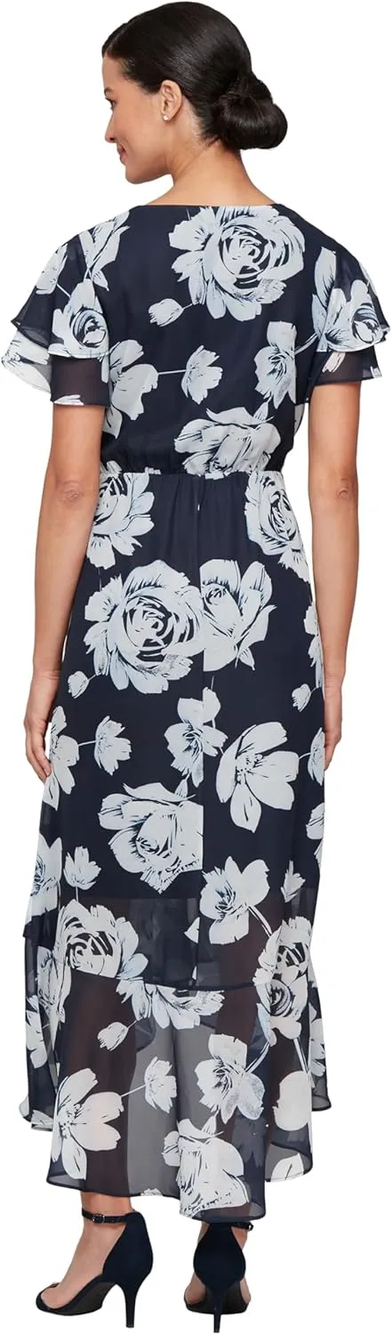 S.L. Fashions Women's Short Sleeve Casual Dress, Wedding Guest Gown with Surplice Neck, High-Low Hem and Tie Belt