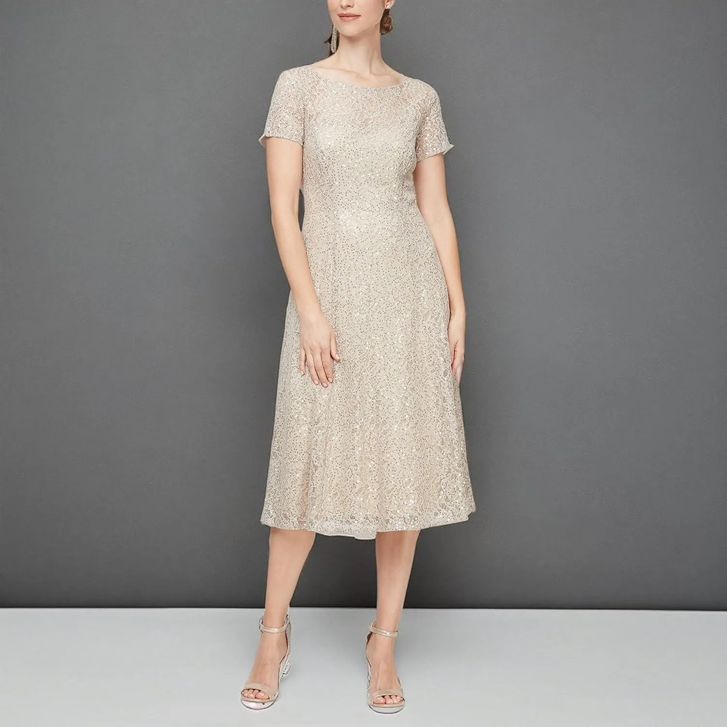 S.L. Fashions Women's Short Sleeve Sequin and Lace Tea Length Mother of The Bride Dress (Petite and Regular Sizes)