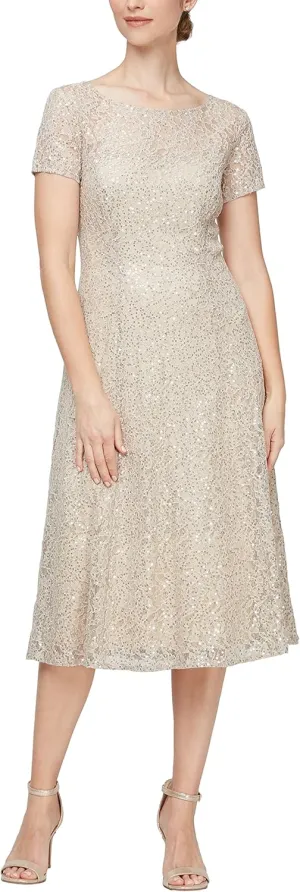 S.L. Fashions Women's Short Sleeve Sequin and Lace Tea Length Mother of The Bride Dress (Petite and Regular Sizes)