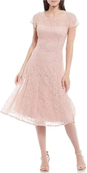 S.L. Fashions Women's Short Sleeve Sequin and Lace Tea Length Mother of The Bride Dress (Petite and Regular Sizes)
