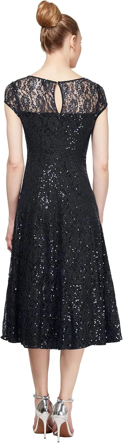 S.L. Fashions Women's Short Sleeve Sequin and Lace Tea Length Mother of The Bride Dress (Petite and Regular Sizes)