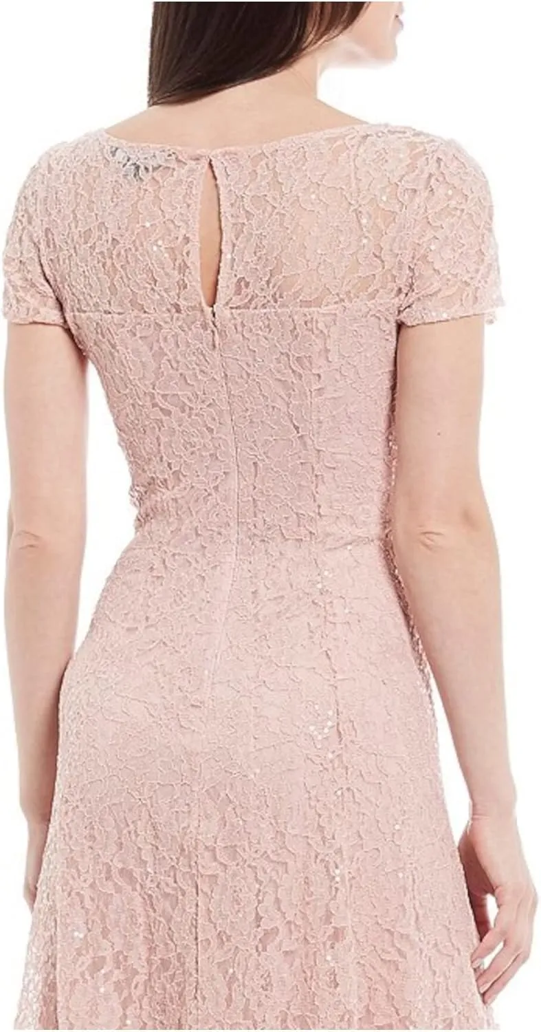 S.L. Fashions Women's Short Sleeve Sequin and Lace Tea Length Mother of The Bride Dress (Petite and Regular Sizes)