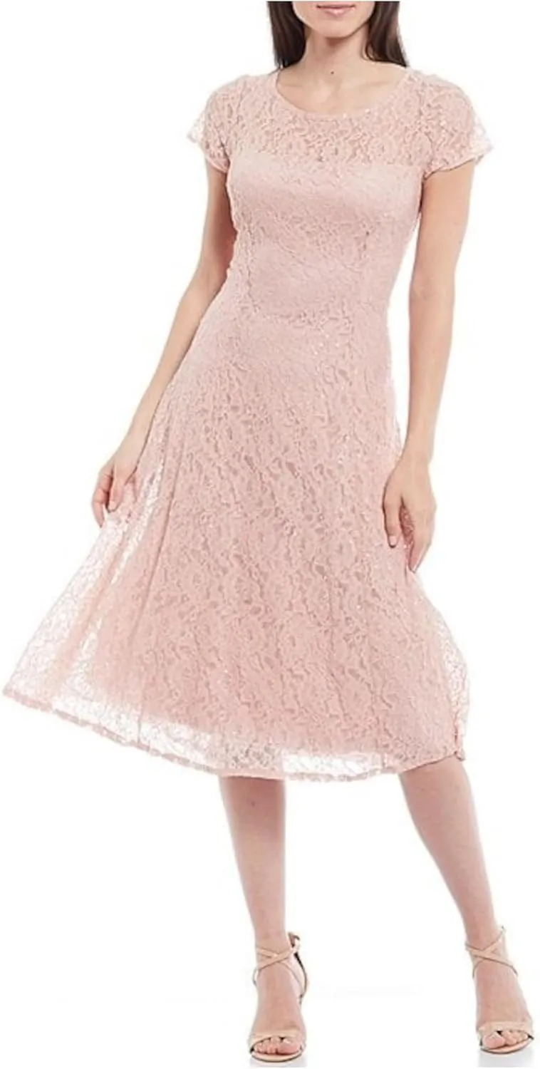 S.L. Fashions Women's Short Sleeve Sequin and Lace Tea Length Mother of The Bride Dress (Petite and Regular Sizes)