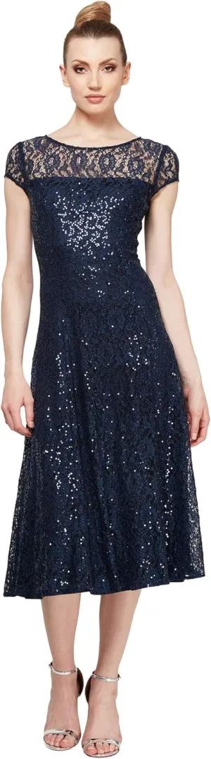 S.L. Fashions Women's Short Sleeve Sequin and Lace Tea Length Mother of The Bride Dress (Petite and Regular Sizes)