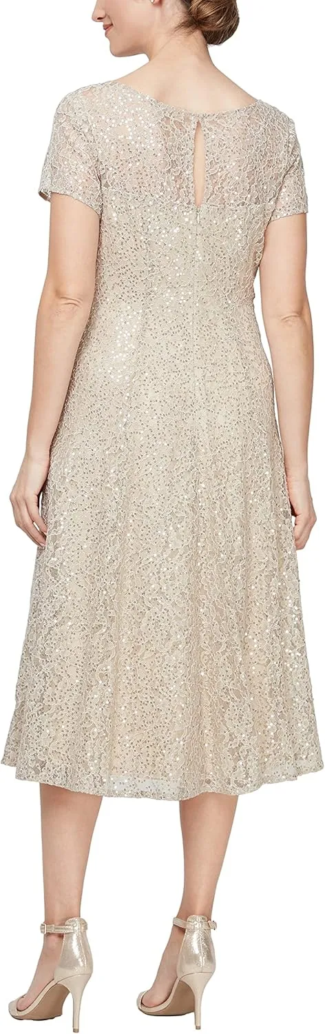 S.L. Fashions Women's Short Sleeve Sequin and Lace Tea Length Mother of The Bride Dress (Petite and Regular Sizes)