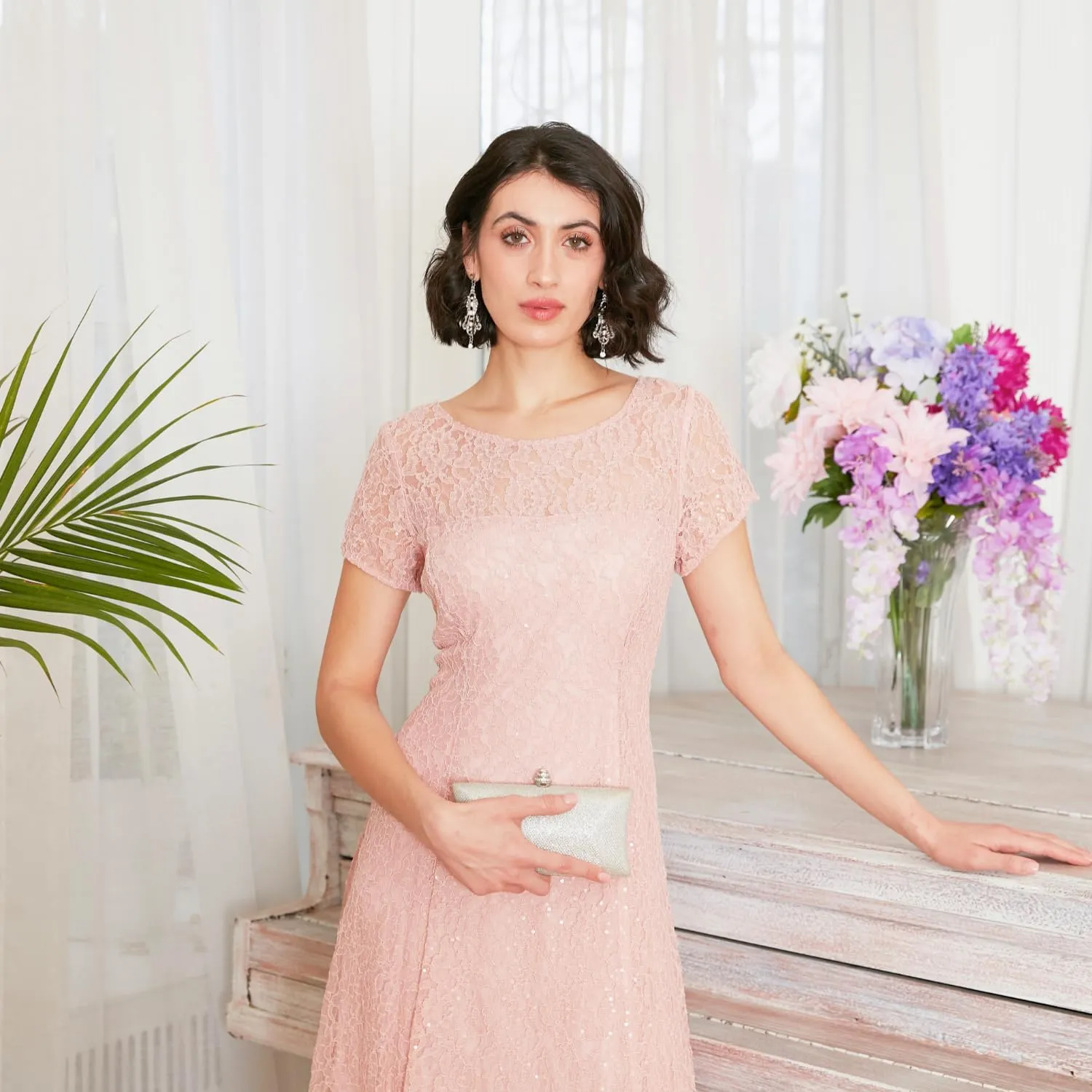 S.L. Fashions Women's Short Sleeve Sequin and Lace Tea Length Mother of The Bride Dress (Petite and Regular Sizes)